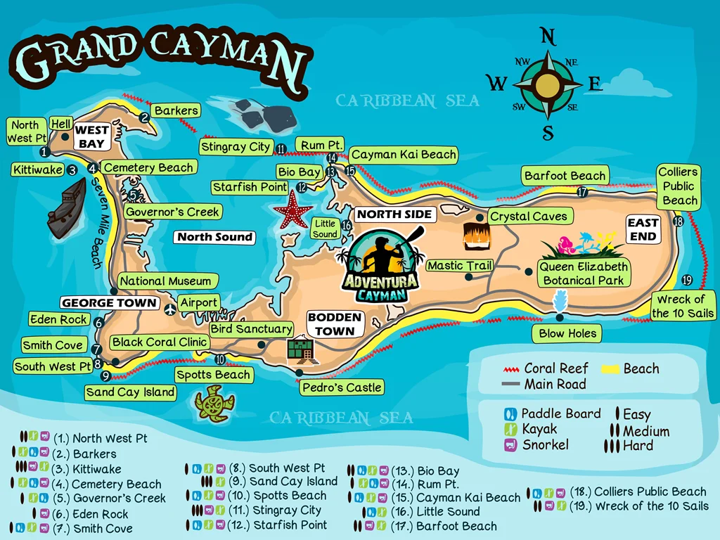 Hand drawn map of Grand Cayman with highlight spots